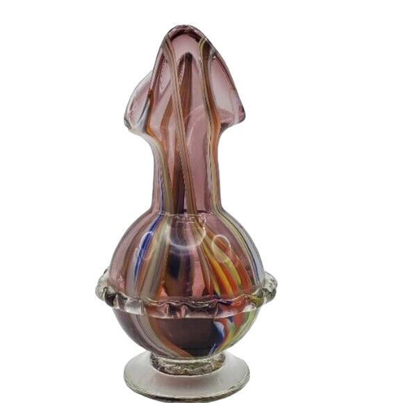 Art Glass Vase Hand Blown Applied Ruffled Edge Lead Crystal Mottled Multicolor - Picture 7 of 10